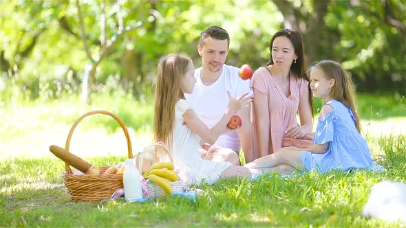 Happy Family on a Picnic in the Park on a Sunny Day