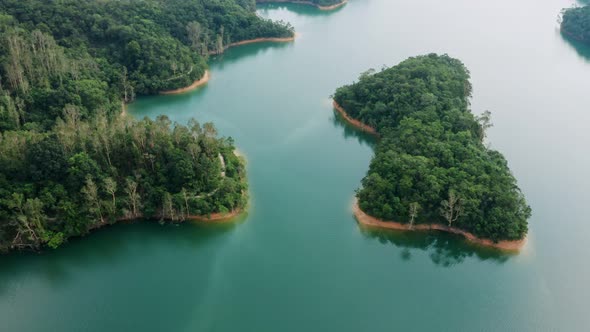 Drone fly over the lake and forest