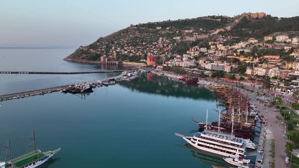 Sunrise Alanya Harbor aerial view 4 K