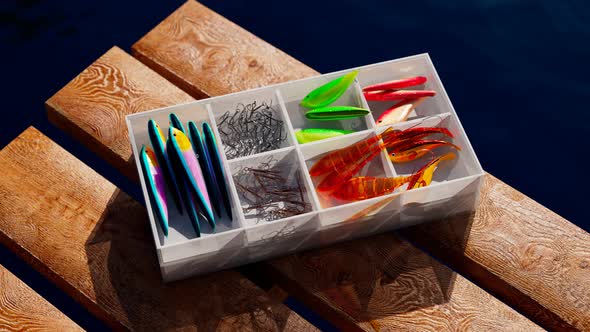 Fishing accessories in a box on a wooden pier. Colourful fish-baits and tools.