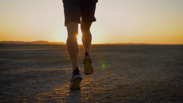 Athletic man working out with battle ropes on a dry lake at sunset