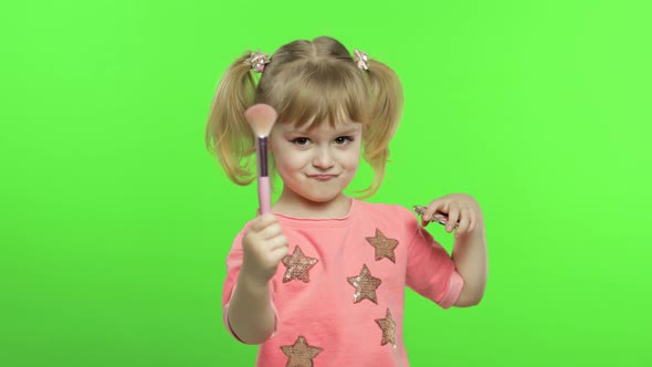 Caucasian Girl on Chroma Key Background. Cosmetics, Makeup, Powder and Brush