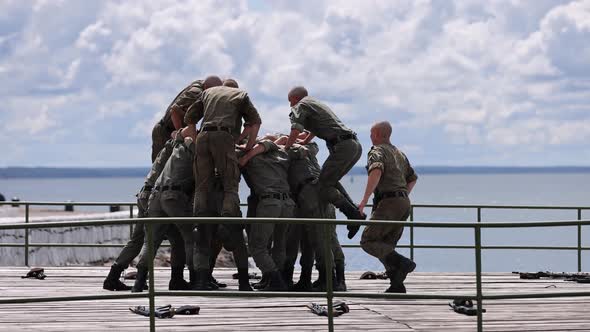 A Group of Russian Marines is Preparing for Demonstration Performances on the Day of the Navy Slow