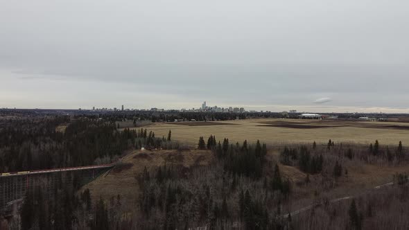 Aerial from Whitemud Ravine towards Downtown Edmonton