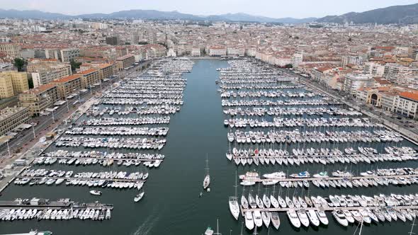 Flight over the old port (Vieux-Port) of Marseille, France