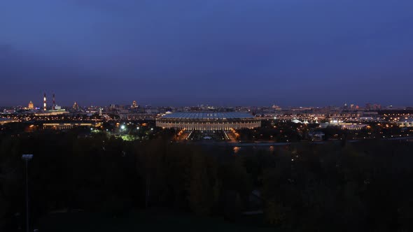 The big football station in Moscow, Russia seen from the University in front of the blue dawn with a