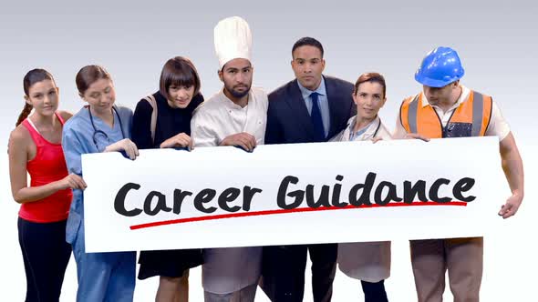 Various professional holding placard of career guidance text