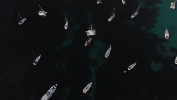 Aerial View of Many Yachts in a Bay on Ibiza Island