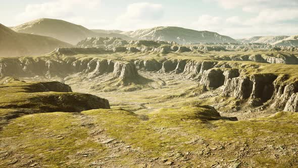 Grasslands Wide Panorama with Autumn Grass Field and Mountains