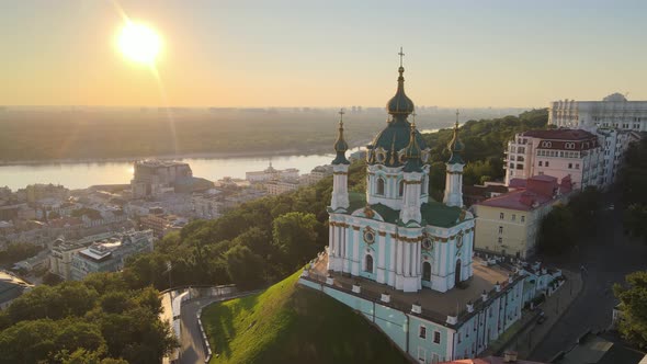 Aerial View of St. Andrew's Church in the Morning. Kyiv, Ukraine