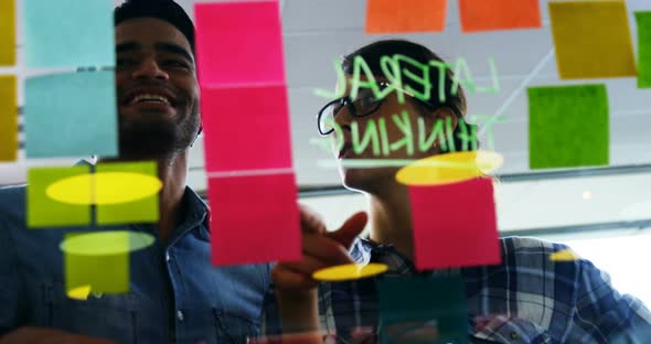 Executives discussing over sticky notes on glass wall