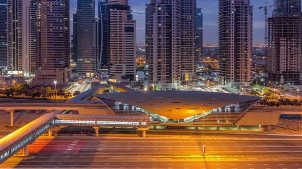 Aerial Top View to Sheikh Zayed Road Near Dubai Marina and JLT Night to Day Timelapse Dubai