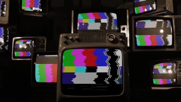 Many Retro Televisions turning On Color Bars. Sepia Tone.