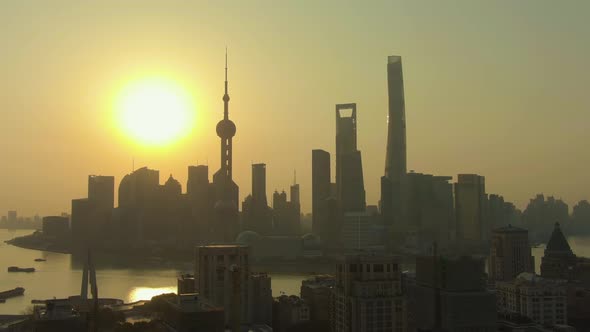 Shanghai Skyline at Sunrise. Huangpu and Lujiazui District. China. Aerial View