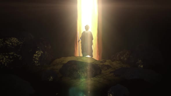 Moses Standing In Front Pillar Of Fire In The Desert