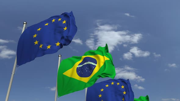 Waving Flags of Brazil and the EU