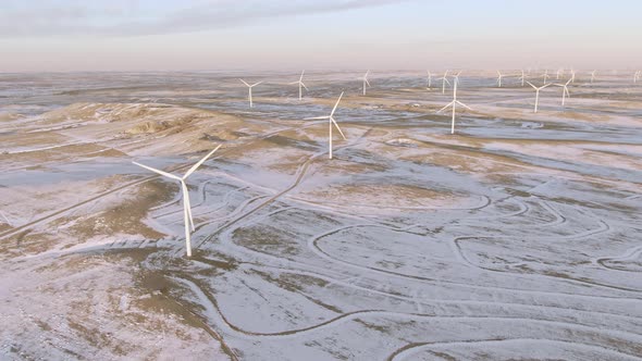 Aerial shots of wind turbines on a cold winter afternoon in Calhan, Colorado