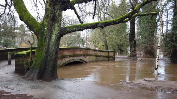 River Bollin in Wilmslow, Cheshire, England, UK after heavy rainfall and bursting its banks .