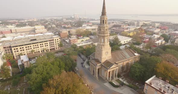 Aerial Shot of St Philips Church in Downtown Charleston, SC