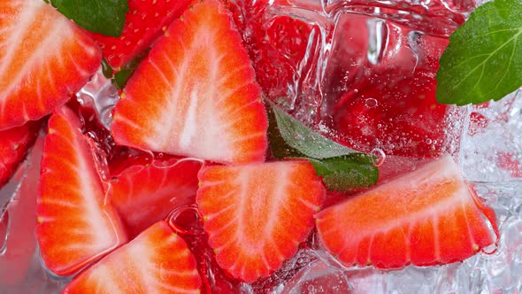 Super Slow Motion Shot of Pouring Water on Strawberries and Ice Cubes in Glass at 1000 Fps