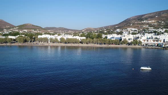 Parikia on the island of Paros in the Cyclades in Greece seen from the sky