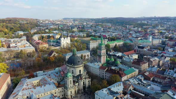 Aerial Video of Dominican Church in Central Part of Old City of Lviv, Ukraine