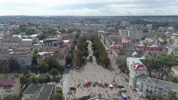 Aerial view of Ternopil with the Theatre Square