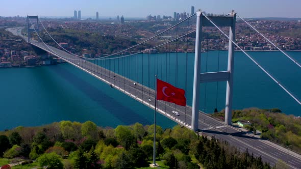 Aerial View of FSM ( Fatih Sultan Mehmet ) Bridge, Bosphorus and buildings 