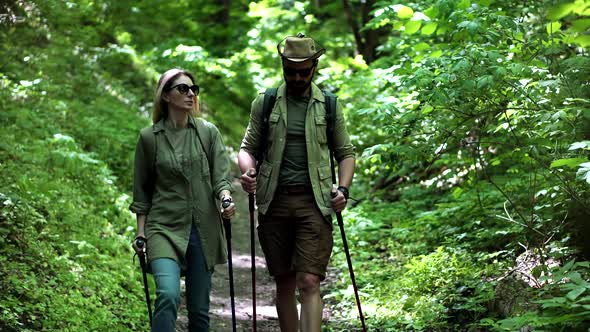 Hiker Practicing Nordic Walking In Forest. Sticks Walking On Jungle Foliage. Summer Adventure Hiking