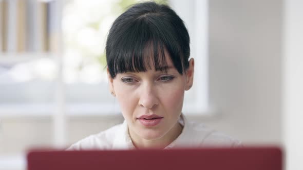 Headshot of Concentrated Positive Confident Woman Messaging Online Looking at Laptop Screen
