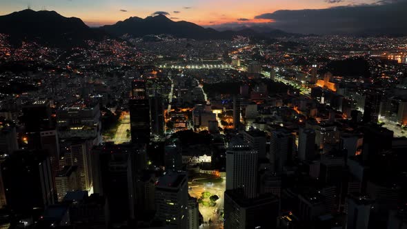 Sunset aerial view of downtown district of Rio de Janeiro Brazil.