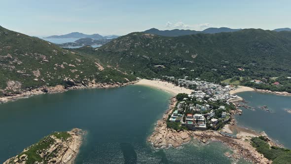 Beautiful Shek O Village with Beach in Hong Kong, 4K Aerial view