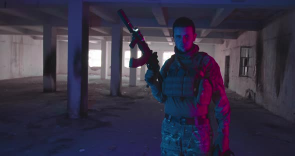 Portrait of Army Soldier Special Forces Fighter Modern Warfare Combatant with Dirty Face Combat