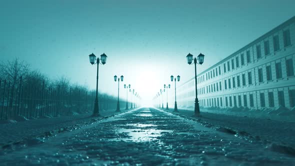 A vintage street covered with snow during snowy weather. Looping animation. 4KHD