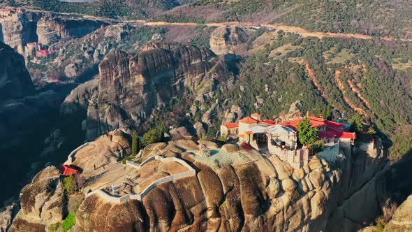 Aerial View of Monastery Trinity and Breathtaking Pictures of Valley and Landmark Canyon of Meteora