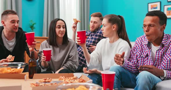 Portrait of Diverse Group of Friends Have Delivered Pizza Celebrating  Happily Drinking Beer Cheers