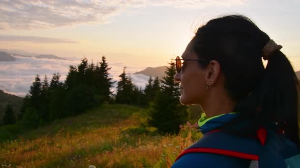 Person Smile Enjoy Mountains Panorama On Sunset