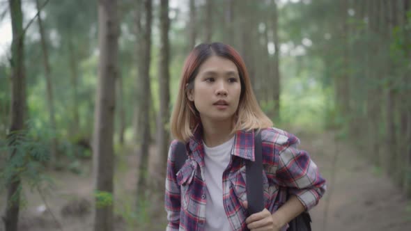 Hiker Asian backpacker woman on hiking adventure feeling freedom walking in forest.