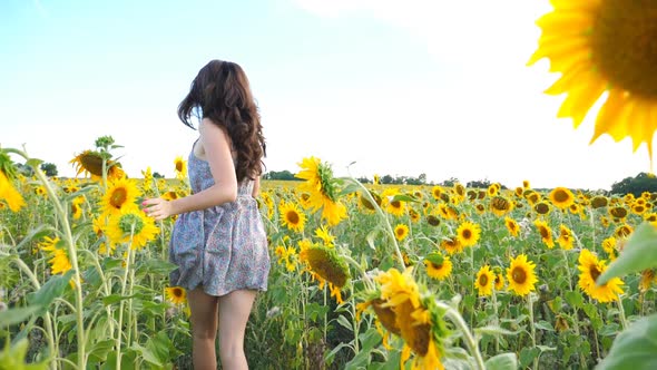 Close Up of Pretty Girl Running Through Sunflower Field