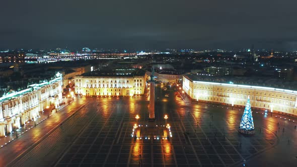 Aerial View To Palace Square with Winter Palace and Alexander Column in Background, St Petersburg