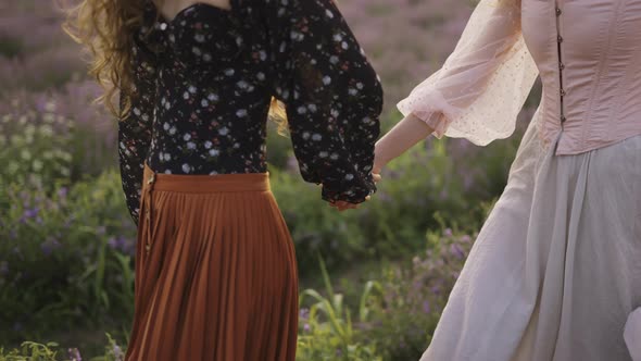 Two Curly Women Travelers are Walking Along a Lavender Field Holding Hands