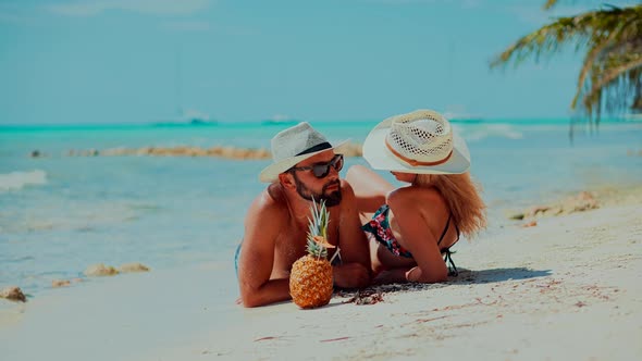 Honeymoon Holidays. Happy Romantic Couple On Vacation Weekend.Lovers Couple Honeymoon On Bahamas