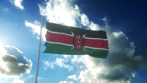 Flag of Kenya Waving at Wind Against Beautiful Blue Sky