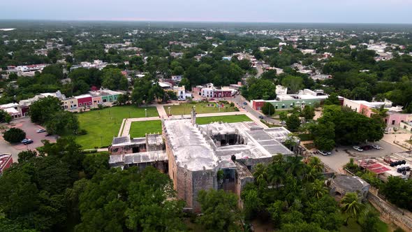 Aerial orbital shot of main church in Valladolid Mexico