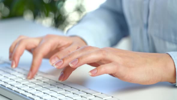 Female Hands Busy Working on Computer Keyboard for Sending Emails and Surf on a Web Browser