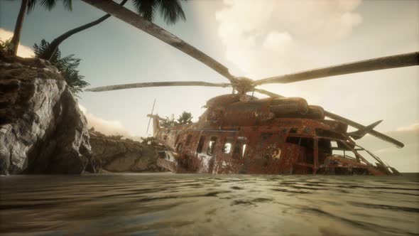 Old Rusted Military Helicopter Near the Island