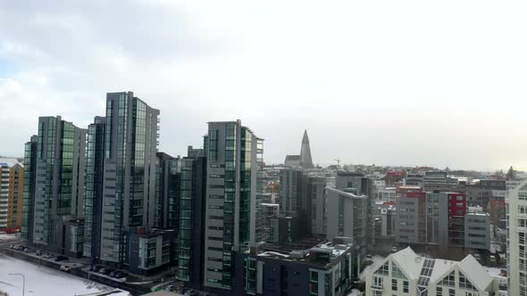 Downtown Reykjavik with the Vatnsstígur Residential Tower on the Foreground While the Silhouette