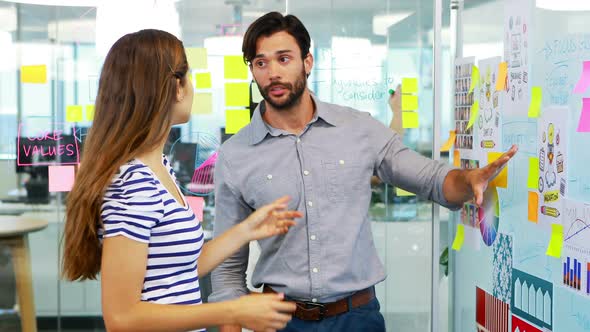 Male and female executive discussing over whiteboard