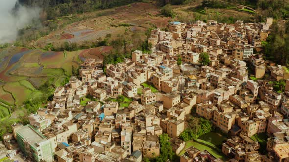 Aerial of the rice fields and villages of Yuanyang County China