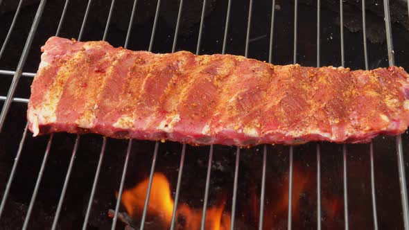 Raw Delicious Ribs are Placed on the Grill Grid